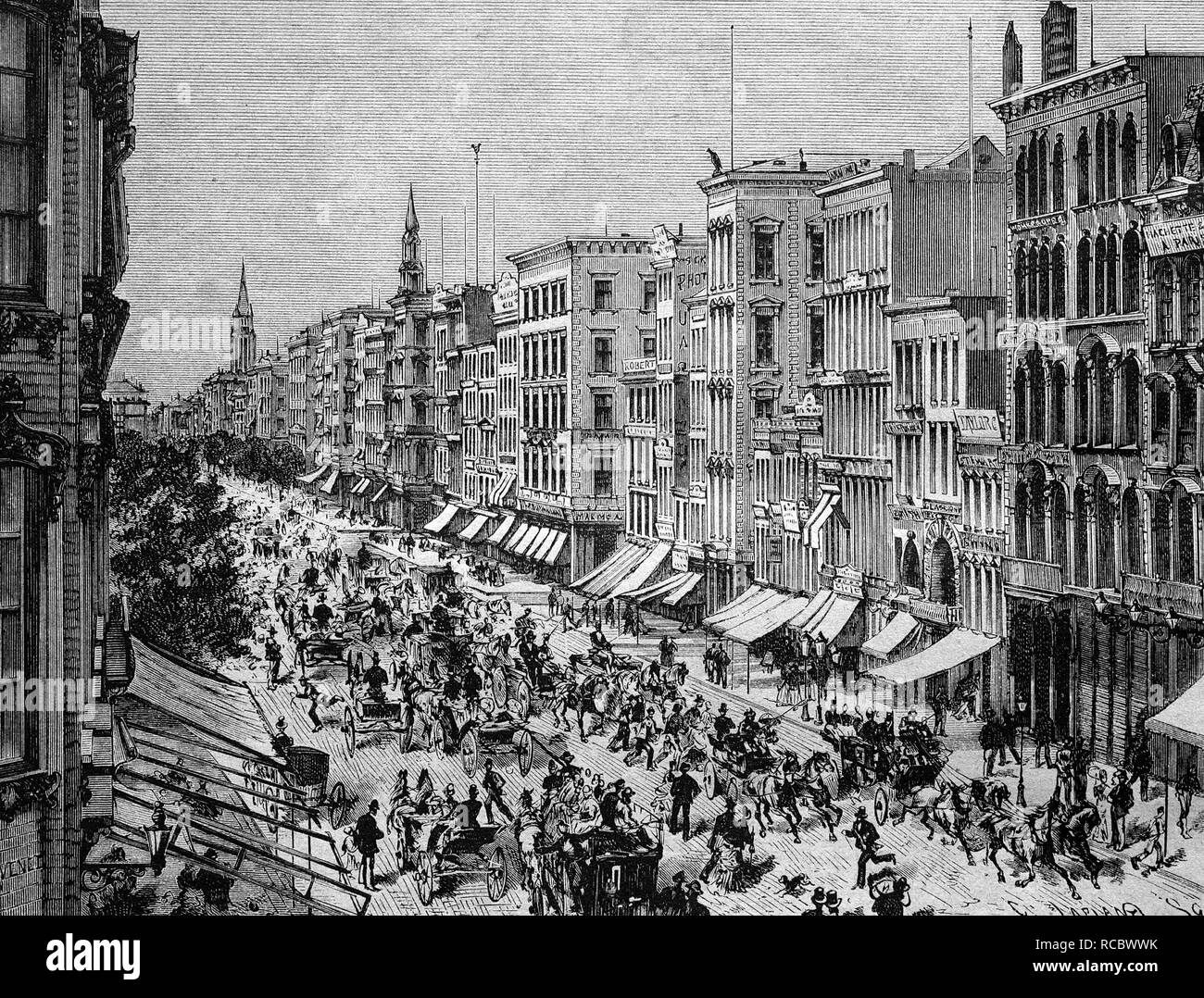 Broadway nel 1888, New York, Stati Uniti d'America, storica incisione, 1888 Foto Stock