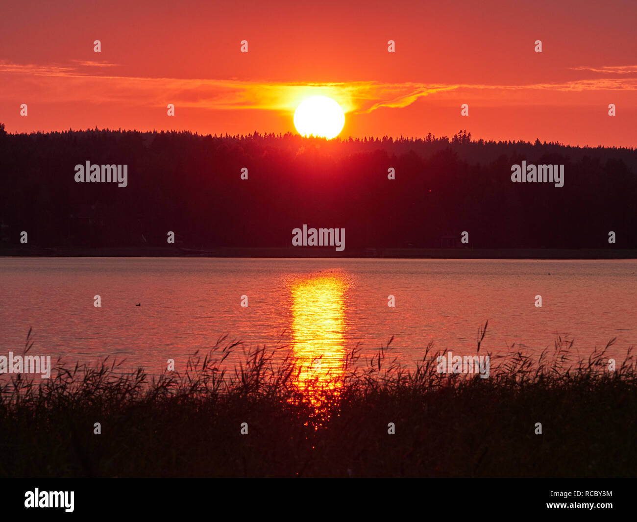 Rosso tramonto Cielo con il sole e le nuvole colorate. Bella estate scena notturna in Ruovesi, Finlandia. Foto Stock