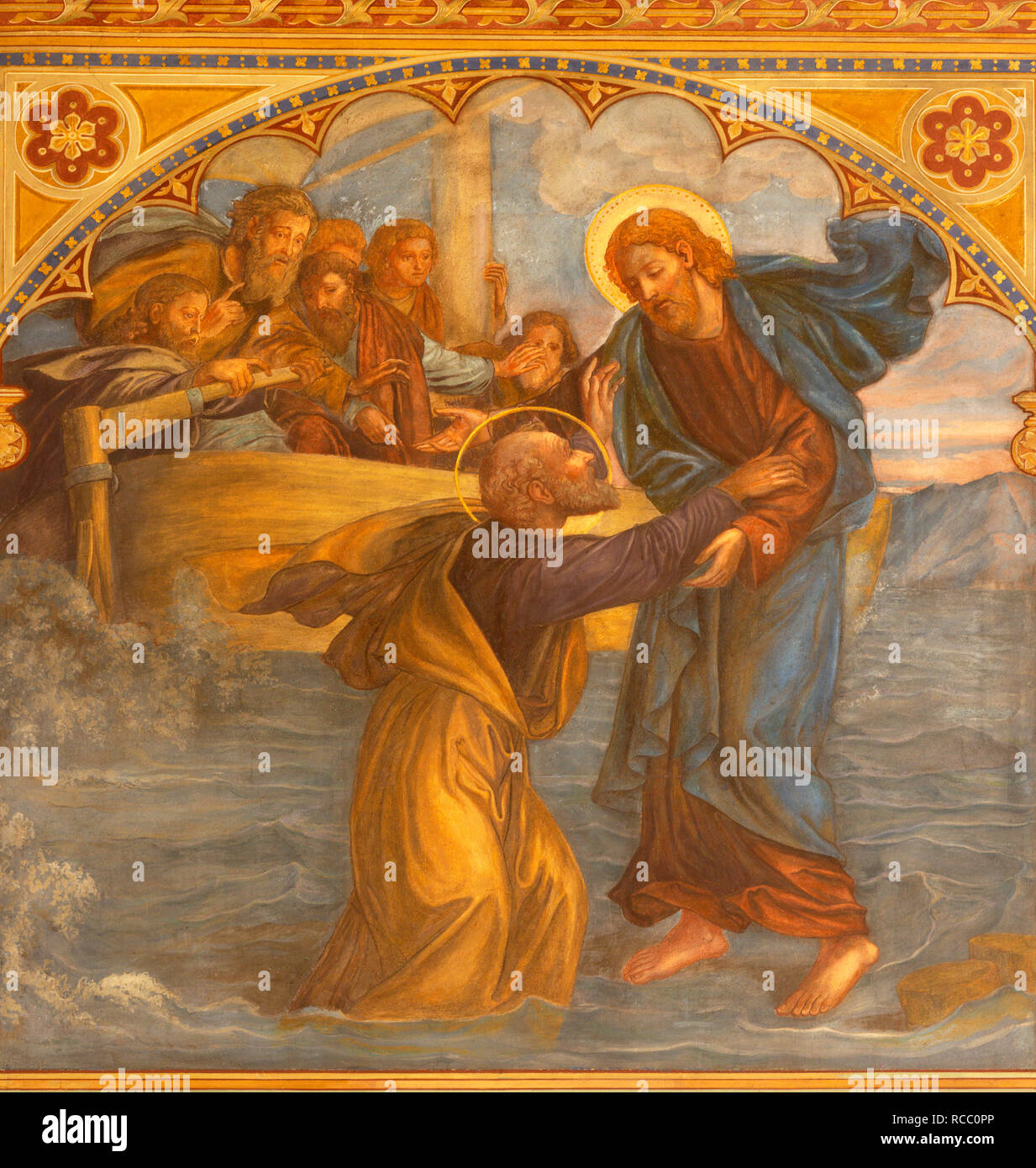 Praga, Repubblica Ceca - 13 ottobre 2018: l'affresco Pietro, camminando sulle acque verso Gesù Bazilika svatého Petra a Pavla na Vyšehrade da S. G. Rudl Foto Stock
