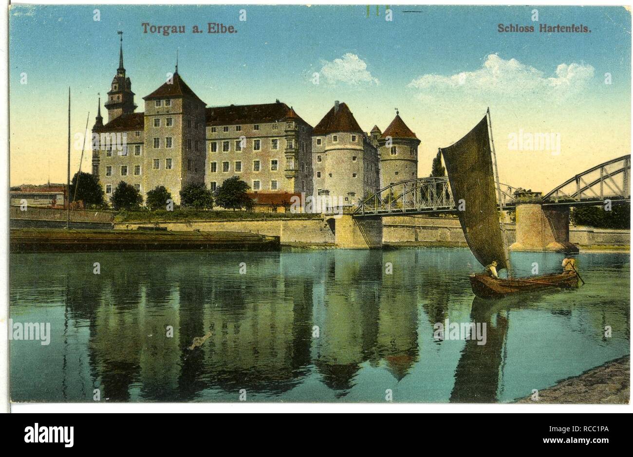 11650-Torgau-1910-Schloß Hartenfels, Elbbrücke und Segler- Foto Stock