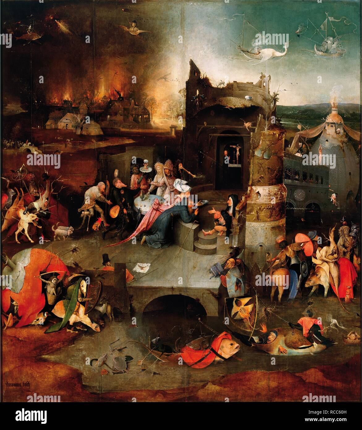 La tentazione di San Antonio (pannello centrale di un trittico). Museo: Museu Nacional de Arte Antiga, Lisbona. Autore: Bosch Hieronymus. Foto Stock