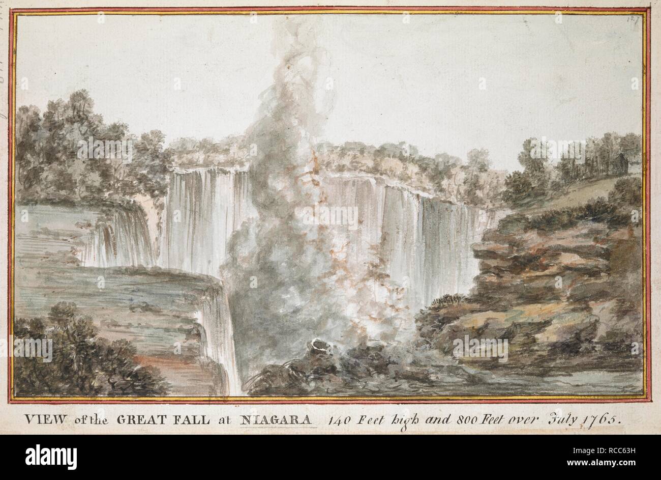 Una cascata di salita a spruzzo come una nuvola in primo piano, con cataratta in background e sulla sinistra e gli scogli e gli alberi sulla destra. Vista la grande caduta a NIAGARA : 140 metri di altezza e 800 metri. Luglio 1765. Acquerello. Fonte: Mappe K.Top.121.118.b. Lingua: Inglese. Foto Stock