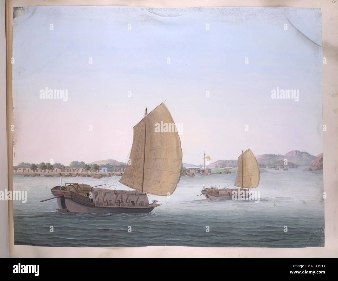 Due barche a vela. 1800 - 1805. Quaranta disegni di barche in un paesaggio. Gouache; 14,75 da 18,75 ins. No iscrizioni o descrizioni accompagnare questi disegni. Originariamente pubblicato/prodotto in 1800 - 1805. . Fonte: Add.o.2031,. Lingua: Cinese. Foto Stock