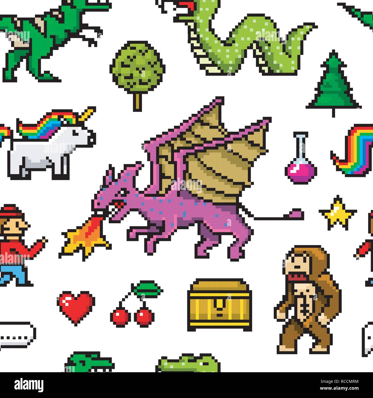 Arte pixel a 8 bit senza giunture di oggetti disegno. Retrò le attività di gioco. Set di icone. Vintage video computer portici. Caratteri pony dinosauro rainbow unicorn snake dragon monkey e monete, del vincitore del trofeo. Illustrazione Vettoriale