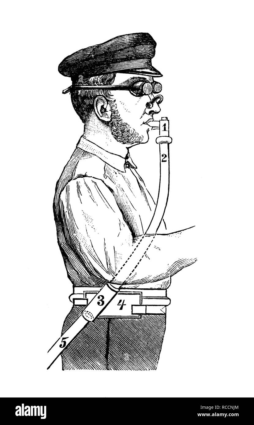 La sicurezza sul lavoro nel 1880, respiratore, apparato di respirazione, storico illustrazione, incisione su legno, circa 1888 Foto Stock