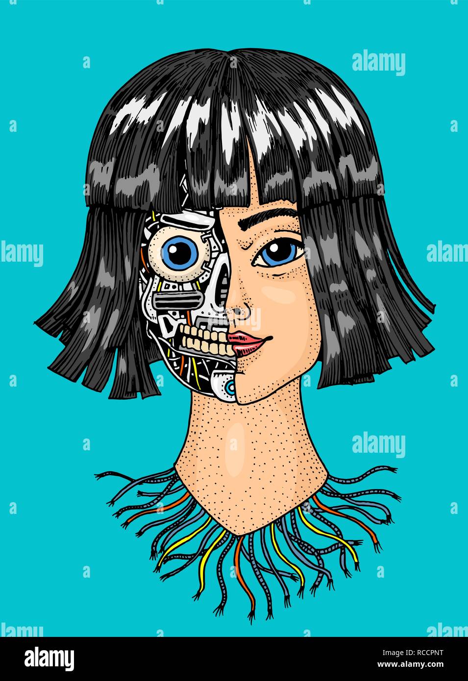 Intelligenza artificiale concetto. Una donna con metà della faccia di un robot. Replicant o Android. Disegnata a mano la tecnologia del futuro. Vintage inciso schizzo in bianco e nero. Illustrazione Vettoriale