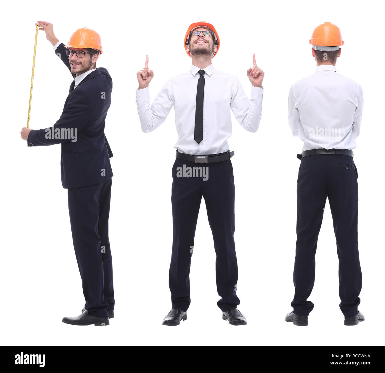In piena crescita .ingegnere qualificato architetto isolato su bianco Foto Stock