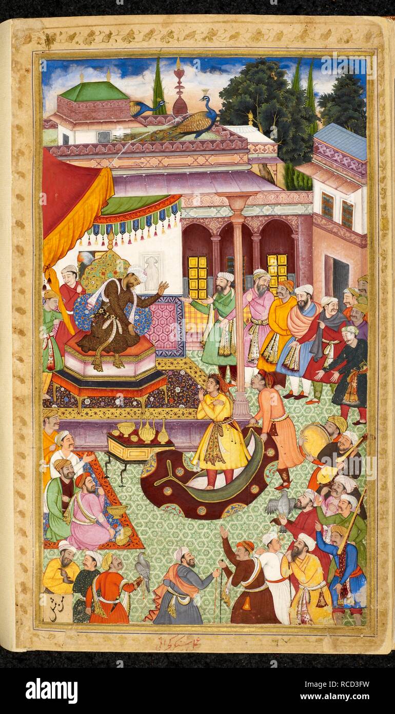 Muhammad Husain Mirza portato prima di Babur e ridere cortigiani nel bedroll in cui egli ha cercato di nascondere (1507) (Shankar Gujarati). Vaki"a-i Baburi, le memorie di Babur, tradotto dall'originale Turki da Mirza 'Abd al-Rahim Khan-ho khanan. E un centinaio di quaranta tre miniature (principalmente con attribuzioni). c.1590. Acquerello opaco. Stile Mughal;/Mughal Akbar stile. Fonte: o. 3714 Vol.2 f.279v. Foto Stock