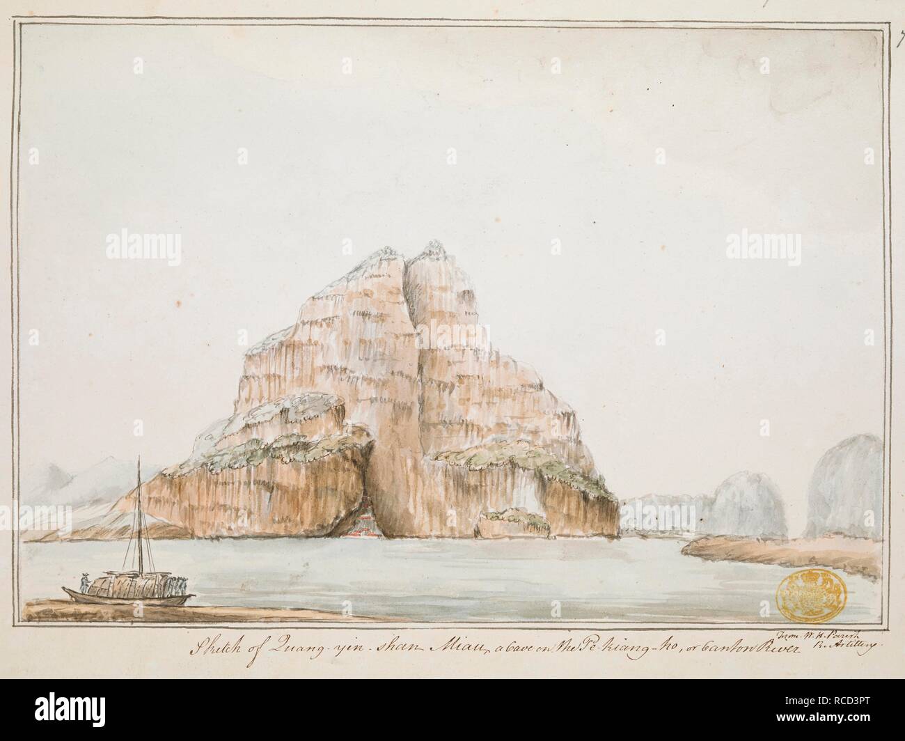 Schizzo di Quang-yin-shan Meow, una grotta sul pe-kiang-ho, o cantone fiume / Da H.W. Parrocchia. Nave a vela sul Fiume Pearl in primo piano, con tempio costruito all'entrata di una caverna dall'acqua in background. "Tre viste colorate di 'rock Quang-yin-shan Meow, in pe-kiang-ho o il Cantone di fiume in uno scavo di cui nella parte anteriore della grotta è un tempio dedicato a Poo-sa." . Una raccolta di ottanta viste, mappe, ritratti e disegni illustrativi dell'Ambasciata ha inviato in Cina sotto George, Conte di Macartney, nel 1793; disegnato principalmente da William Alexander, alcuni da Sir John Foto Stock
