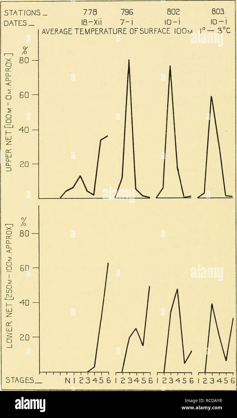 . Rapporti di ricerca. Discovery (nave); spedizioni scientifiche. 328 relazioni di scoperta la deposizione delle uova ha avuto luogo di recente e non era dovuto unicamente alla parzializzazione delle maglie della rete. La popolazione a Sts. 796, 802 e 803, quindi, molto probabilmente appartenuta a. Fig. 21. Percentuale di copepodite fasi di Rhincalanus gigas in i-m. le reti. A sud dell'Oceano Atlantico ad est della Georgia del Sud, Dicembre 1931 al gennaio 1932. (Vedere tabella VI c.) stesso stock come i giovani si forma a San 778, che era cresciuto nella fase iii nell'inter- vening tre settimane (18. xii. 31 A 7. i. 32). Sembra essere piuttosto un legittimo sup Foto Stock