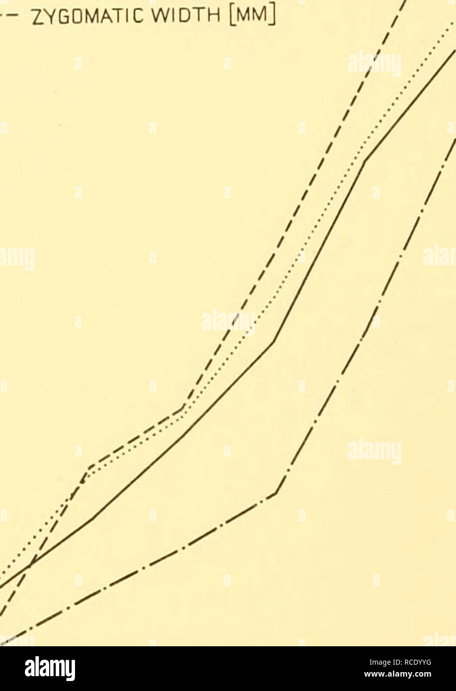 . Rapporti di ricerca. Discovery (nave); spedizioni scientifiche; Ocean; Antartide; Isole Falkland. 284 relazioni di rilevamento + anno di seconda , la terza , l'età 4° 5° ,6 o" oltre 330- 310 290 270- 250 230- 210 la lunghezza del corpo [cm] lunghezza del cranio [mm] HAMULO- LUNGHEZZA PREMAXILLAR [mm] Larghezza zigomatico [MN/1]. Il cranio del terzo anno è di 239 mm. lunga, 157 per cento del corpo lunghezza; zigomatico 129-1 larghezza mm., 54 per cento della lunghezza del cranio; e hamulo-premaxillar 156-4 lunghezza mm., o 65-4 per cento della lunghezza del cranio. Questo stadio ha una più massiccia del cranio e il profilo del cranio sta cominciando a essere flatte Foto Stock