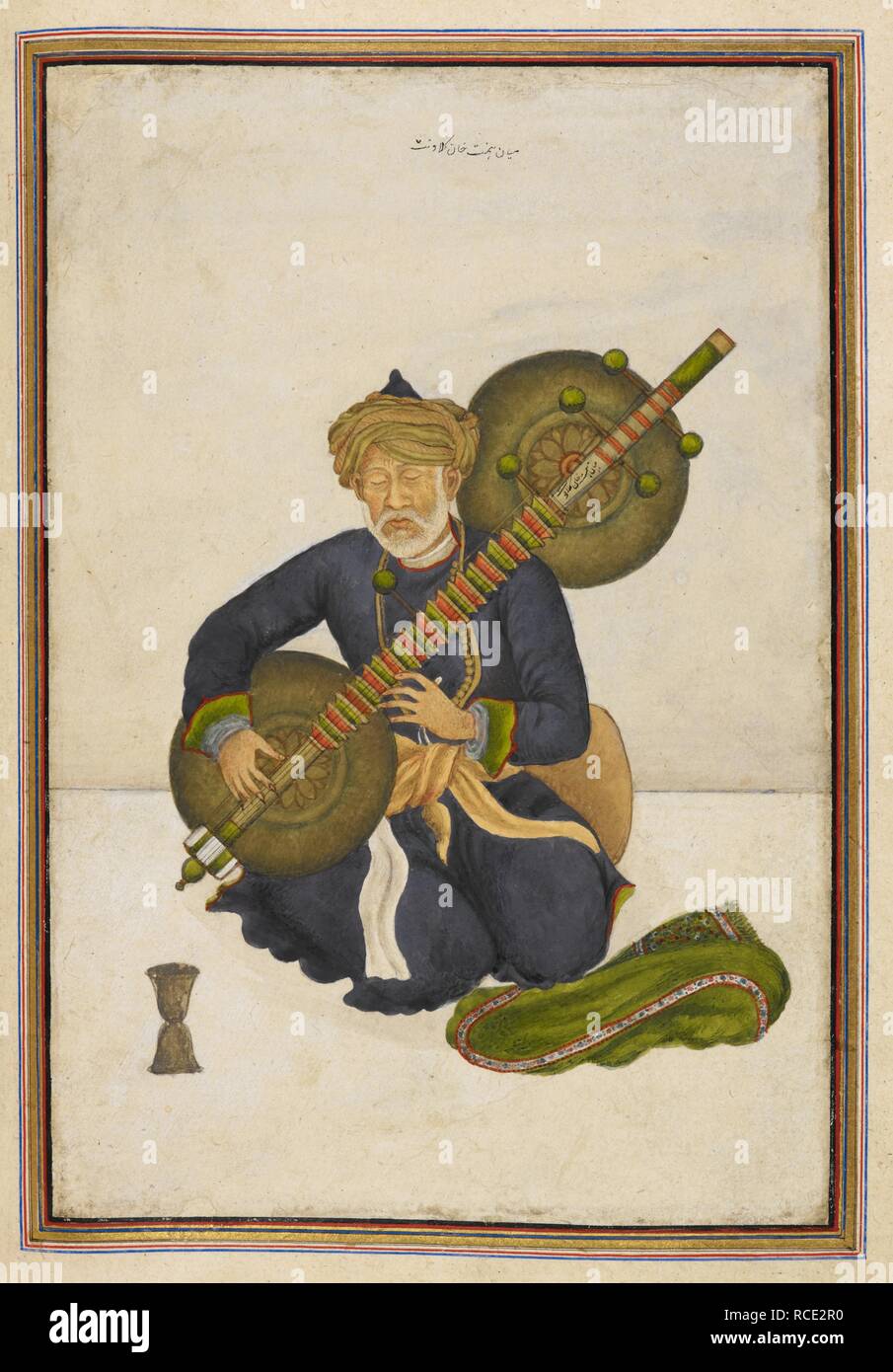 Un cantante o bard. Bandijan o kalavant, un cantante o bard dal Bhat casta. Tashrih al-aqvam, un conto delle origini e le occupazioni di alcune delle sette, le caste e le tribù di India. Scritto a Hansi Cantonment, Hissar distretto, ottantacinque chilometri a nord-ovest di Delhi per il colonnello James Skinner. 1825. Fonte: Aggiungi. 27255, f.134v. V.o. persiano. Autore: ANON. Foto Stock