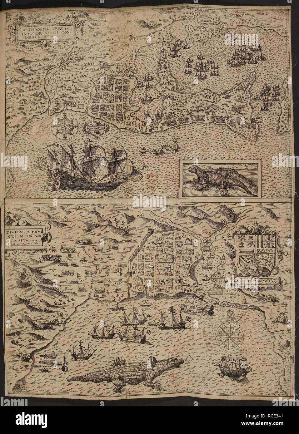 (Top map): mappa di Cartagena (Colombia) in Indie ad ovest. (Mappa inferiore): Hispaniola. Urbs di Cartagena in IndiÃ¦ Orientalis continente sita. Ciuitas S. Dominici in Hispaniola sita. [Noribergae, 1590]. 2 mappe sul foglio 1 : b&W ; 18 x 27.5 cm. o più piccolo, sul foglio 37 x 28,5 cm., ripiegata di 19 x 14,5 cm.; Scala non dato. Fonte: C.32.f.3 mappa 1a. Lingue: Latina. Autore: Boazio, Baptista. Foto Stock