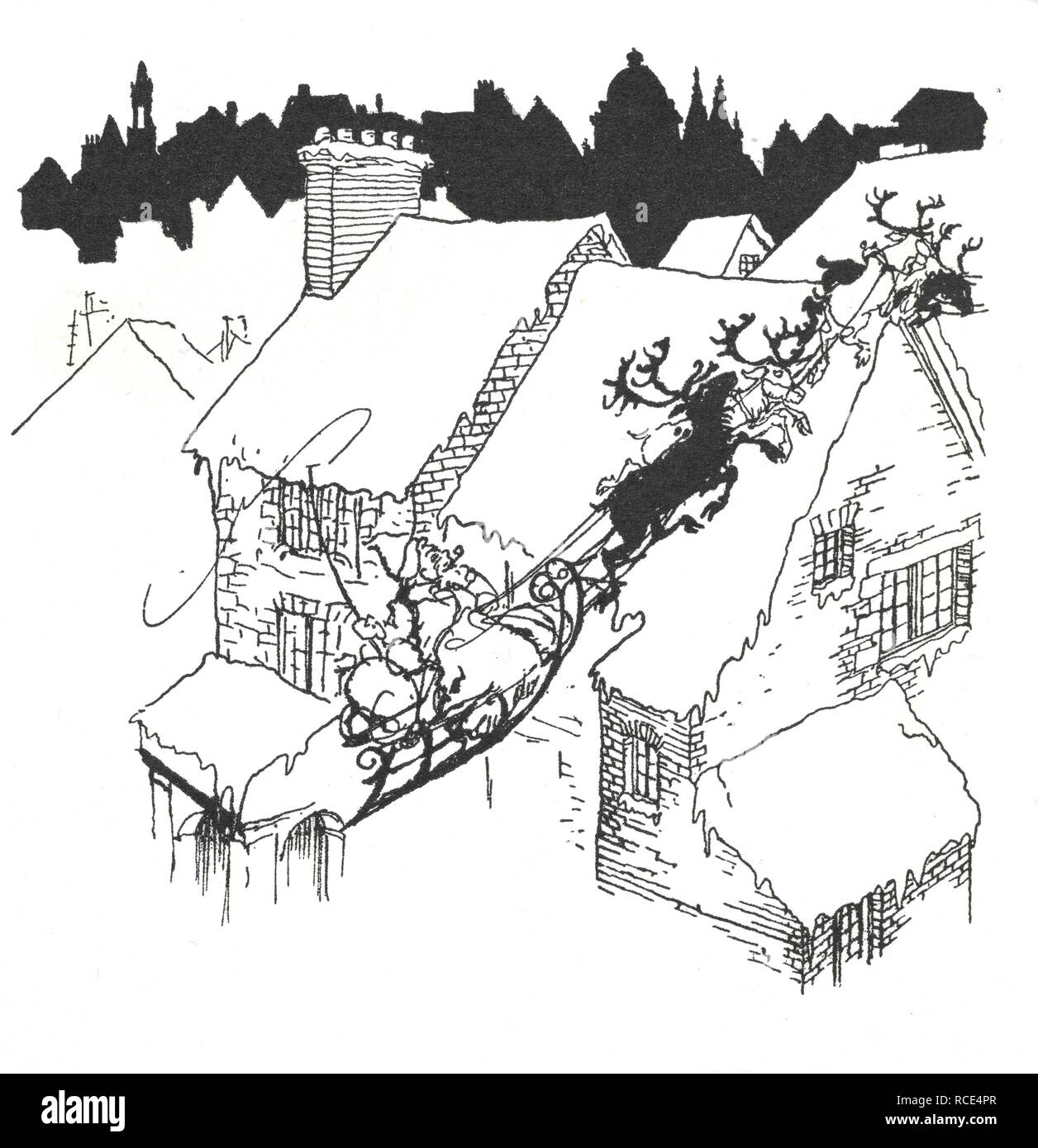 Babbo Natale nella sua slitta sorvolano snowy roof-top. [Una visita da San Nicola.] La notte prima di natale ... Illustrato da Arthur Rackham. Londra : G. G. Harrap & Co., 1931. Fonte: 011686.GG.2 pagina 24 dettaglio. Autore: RACKHAM, Arthur. Moore, Clement Clarke. Foto Stock