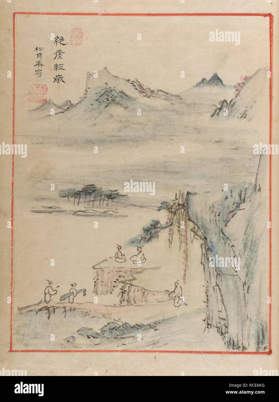 Un paesaggio montuoso e cinque persone in primo piano. . Okkyesa. [Flusso di giada Club album.]. c.1800?. Un album di pittura e poesia. Fonte: o.11356 f.21. V.o. coreano. Foto Stock