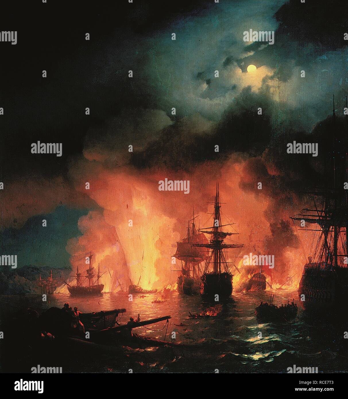 La battaglia navale di Chesma nella notte 26 luglio 1770. Museo: I. Ayvasovsky Galleria d'Arte Nazionale, Teodosia. Autore: AIVAZOVSKY Ivan Konstantinovich. Foto Stock