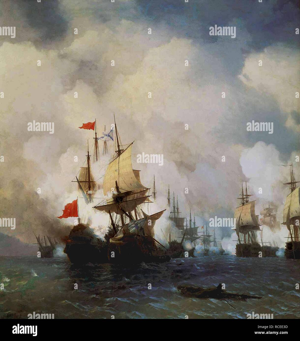 La battaglia navale di Chesma il 5 luglio 1770. Museo: I. Ayvasovsky Galleria d'Arte Nazionale, Teodosia. Autore: AIVAZOVSKY Ivan Konstantinovich. Foto Stock