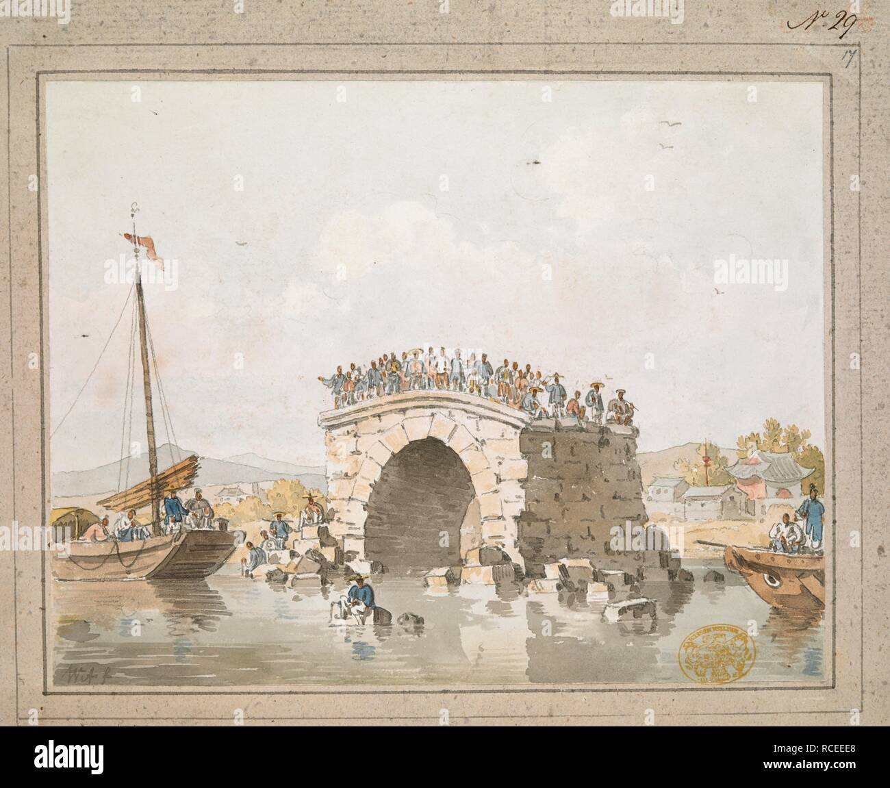 Ponte rotto a San Sien wey. Una folla di spettatori stand sulla parte superiore di un ponte in rovina per guardare l'arrivo dell'Ambasciata, con più figure la scalata ai blocchi di pietra nel fiume Hai e di due navi a vela; cottages in background. Firmato con le iniziali in basso a sinistra. Incollato sul monte con washline. Descritto come "un ponte rotto a Sancianwey con un numero di cifre' in note manoscritte legato con i disegni. . [Una raccolta di ottanta viste, mappe, ritratti e disegni illustrativi dell'Ambasciata ha inviato in Cina sotto George, Conte di Macartney, nel 1793; disegnato principalmente da William Alexan Foto Stock