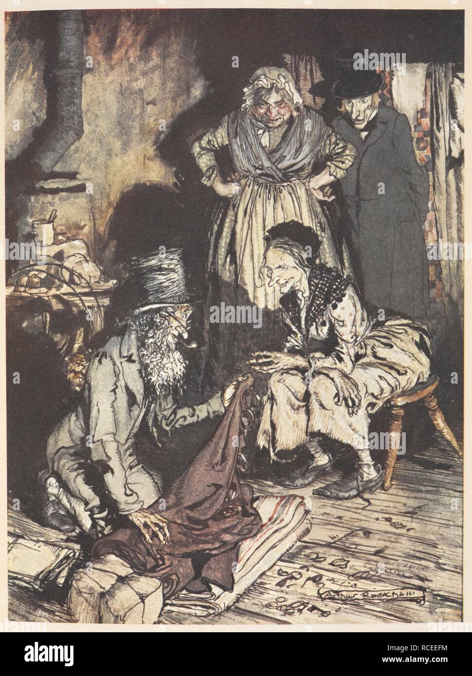 Un antica famiglia dentro la loro casa con un uomo offrendo loro tende. Un canto di Natale ... Illustrato da Arthur Rackham. Londra; J. B. Lippincott Co. Philadelphia : Wiiliam Heinemann, 1915. " Che cosa si chiama questo?' detto Joe. "Bed-tende!" "Ah!' ha restituito la donna, ridere..."Bed-tende!" "non si vuol dire che avete preso 'em giù, anelli e tutti con lui sdraiato lì?' detto Joe. "Sì, faccio,' rispose la donna. "Perché no?". Fonte: 012622.g.37. Pagina di fronte 120. Autore: RACKHAM, Arthur. DICKENS, Charles. Foto Stock