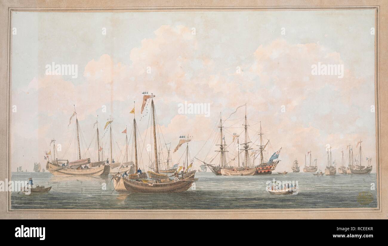 Lion man-di-guerra circondato da una flotta cinese. Le navi inglesi circondato dai cinesi le navi a vela con banner colorati e due barche in primo piano. Annotato a matita sul tergo: 'giunche in attesa vicino al Lion per trasportare la presenta al fiume Pay-ho, Gulph di Petche-li, Aug.t 1793'. Incollato sul monte entro washlines. . Una raccolta di ottanta viste, mappe, ritratti e disegni illustrativi dell'Ambasciata ha inviato in Cina sotto George, Conte di Macartney, nel 1793; disegnato principalmente da William Alexander, alcuni da Sir John Barrow, Bart., alcuni da Sir Henry Woodbine parrocchia e uno da William gomm Foto Stock