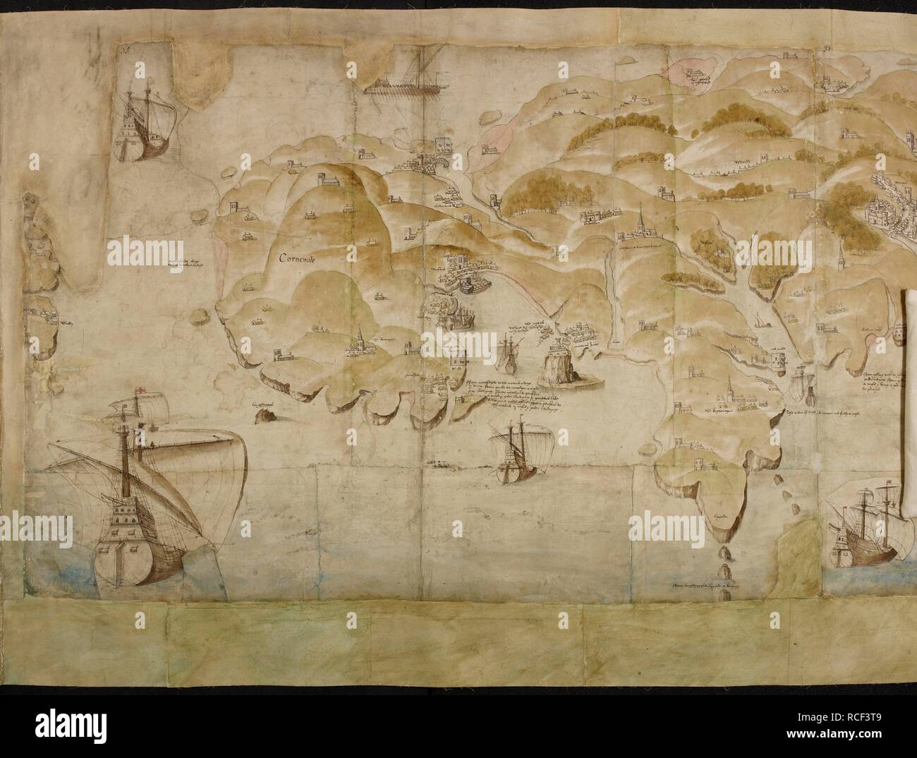 Dettaglio (estremità sinistra) di una mappa panoramica della costa dal Land's End a Exmouth mostra Land's End, Mount's Bay, la lucertola e St. Ives Bay, Cornwall. Mappa della Cornovaglia. (Henry VIII€™s la difesa costiera mappe.). Inghilterra; circa 1539. Fonte: Cotone Augusto I. i. 35. Foto Stock
