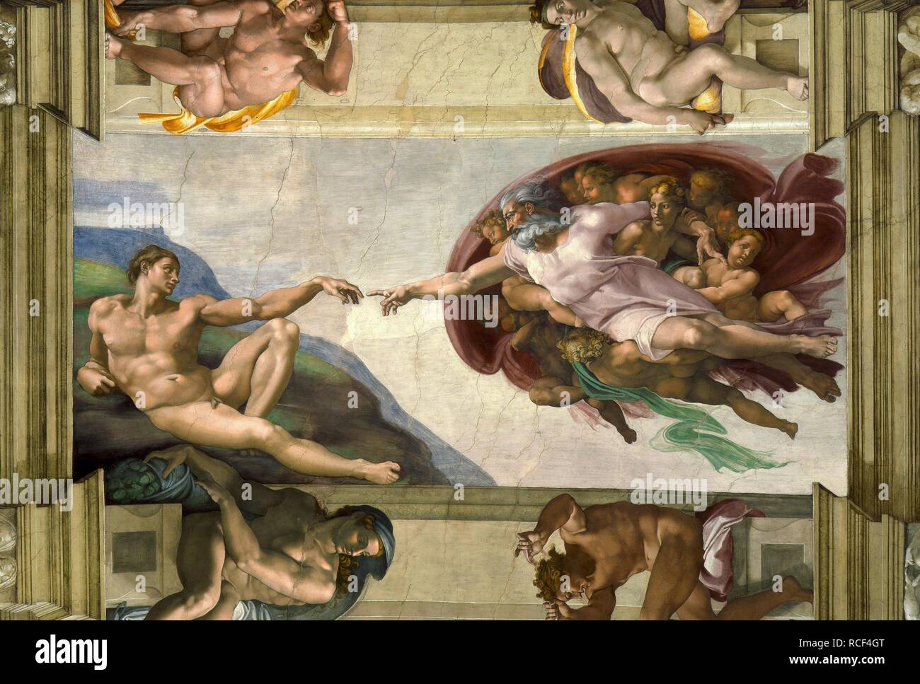 La creazione di Adamo. Museo: la Cappella Sistina e Città del Vaticano. Autore: Michelangelo. Foto Stock