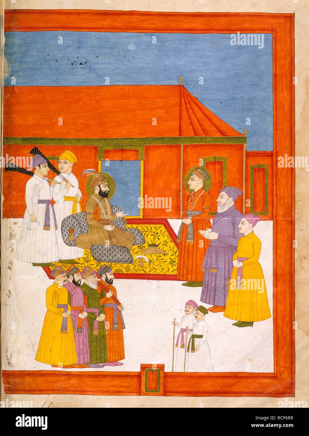 Jahandar Shah dà pubblico. Lavoro storico relative ai regni di Bahadur. Il Punjab, fine XVIII secolo. Abd al-Samad Khan ha ricevuto da Jahandar Shah (1712-1713). Una pittura in miniatura da un lavoro storico relative ai regni di Bahadur Shah I e Jahandar Shah. Immagine presa dal lavoro storico relative ai regni di Bahadur Shah I e Jahandar Shah. Originariamente pubblicato/prodotto in Punjab, fine XVIII secolo. . Fonte: o. 3610, f.11v. Lingua: Panjabi. Foto Stock