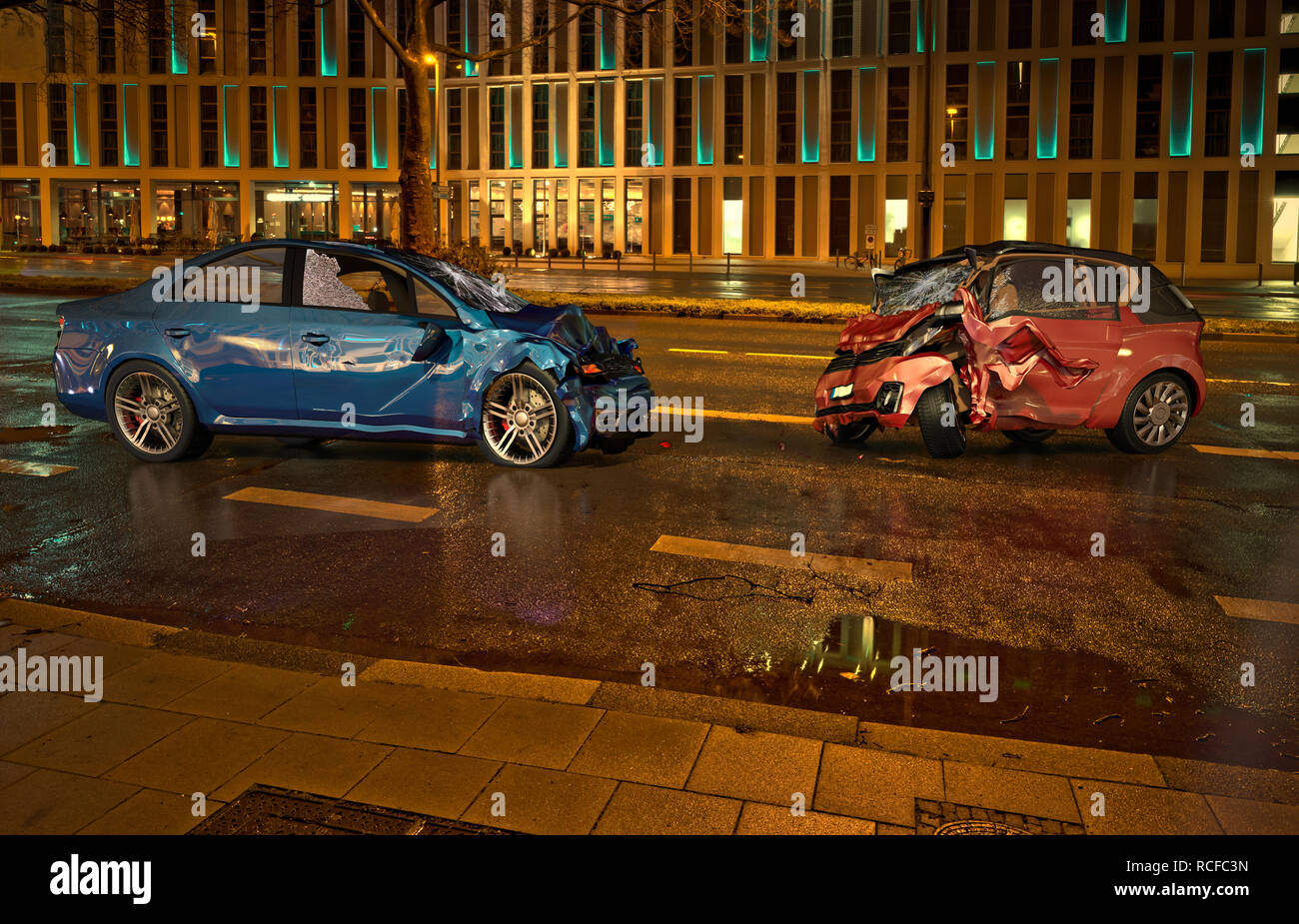 Due auto incidente. Si è schiantato vetture su strada sulla posizione della città di notte. Una berlina blu contro una città rossa auto. Collisione frontale con grossi danni. Foto Stock
