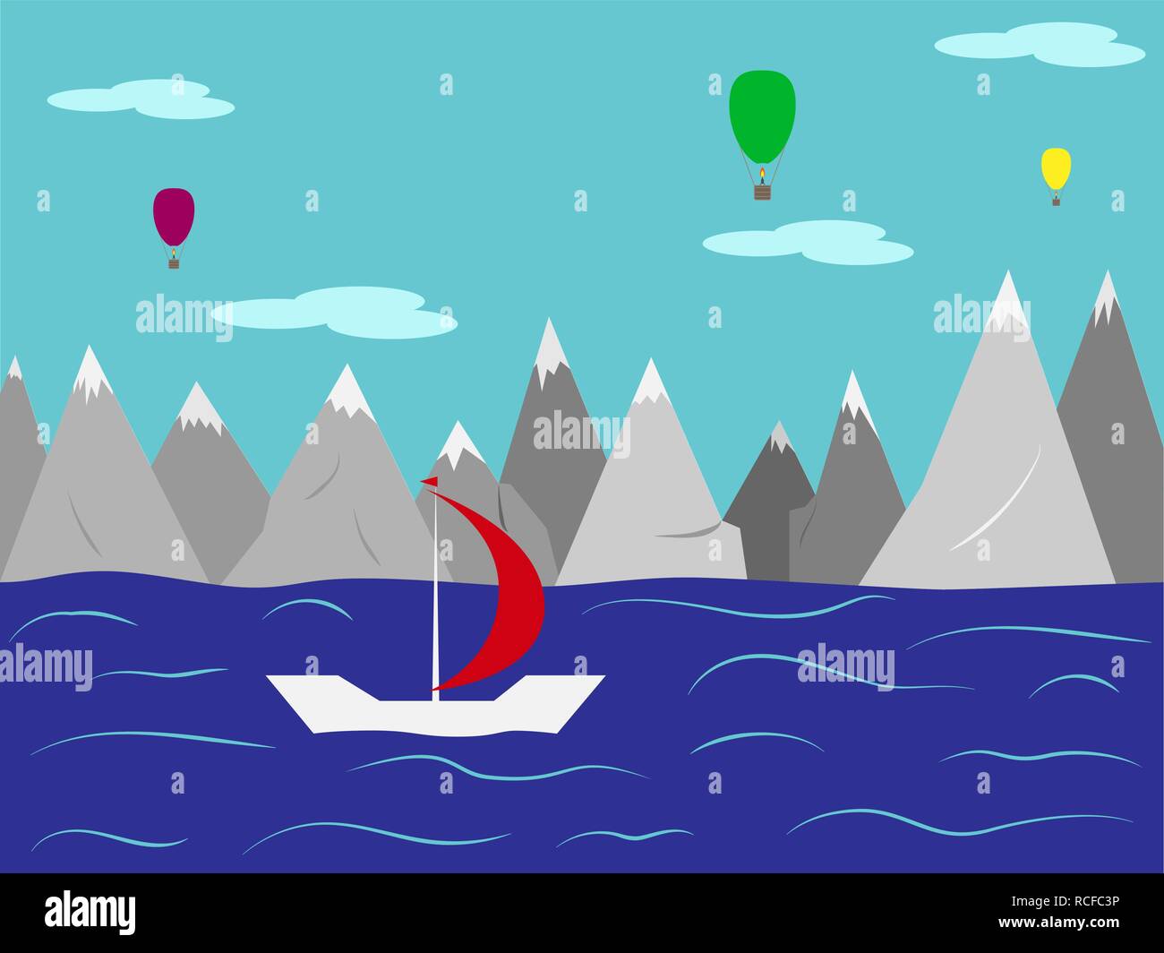 Paesaggio. Yacht con un rosso vela in mare contro le montagne con cime innevate e palloncini nel cielo Illustrazione Vettoriale