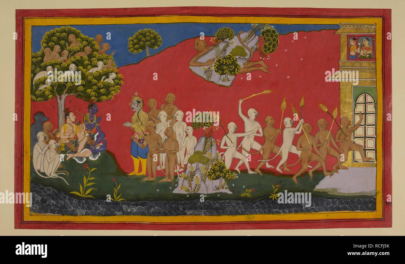 HanumÄN aluci con il picco di montagna in Laá¹…kÄ, dove le sue erbe RÄma indurimento e Laká¹£maá¹‡a, così come tutte le zone colpite dalla scimmie e orsi. HanumÄN ritorna poi all'Himalaya con il picco di montagna e la imposta nuovamente in posizione. Poiché le scimmie credono che tutti RÄvaá¹‡l€™s più grandi guerrieri sono stati uccisi, dimenticando Indrajit, SugrÄ"va li invia off quando è calata la sera, con fiaccole a bruciare Laá¹…kÄ. Ramayana. Fonte: Aggiungi. 15297(1), f.101. Lingua: sanscrito. Foto Stock