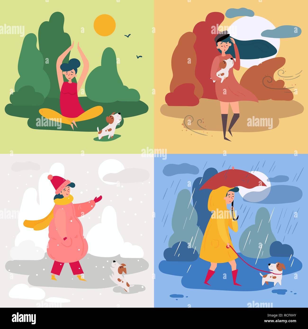Una ragazza e quattro stagioni e condizioni meteorologiche. Snowy piovoso Illustrazione Vettoriale