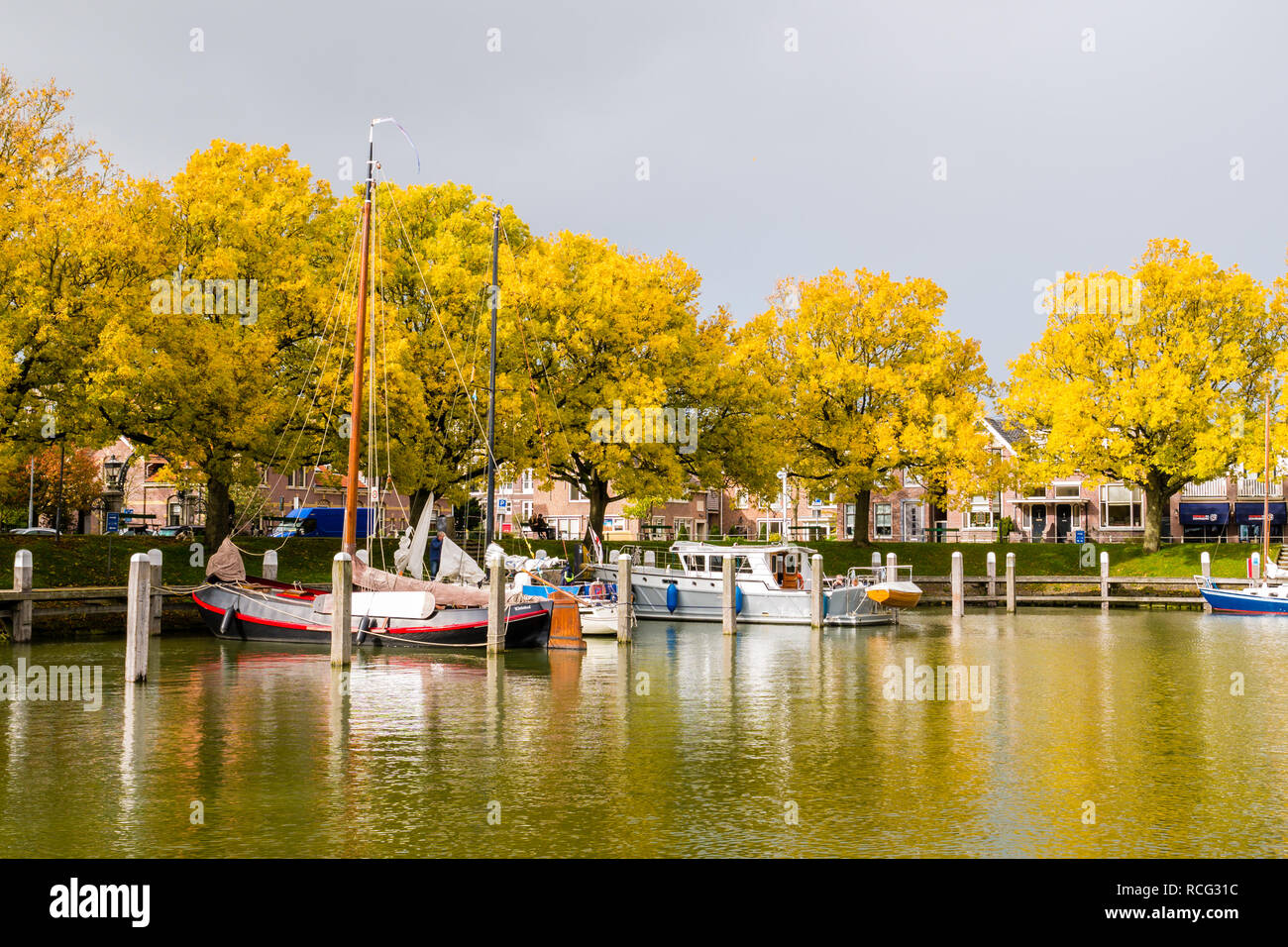Barche a vela ormeggiata al pontile a marina, gli alberi in autunno colori e nuvole di tempesta, Enkhuizen, Noord-Holland, Paesi Bassi Foto Stock