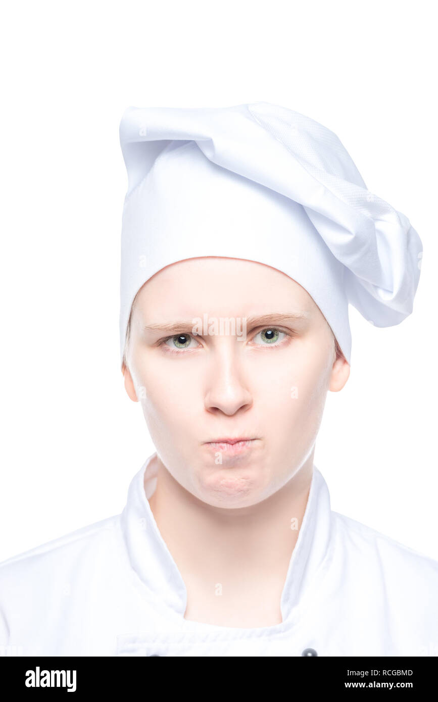Ritratto di chef di cucina in hat close up su sfondo bianco Foto Stock