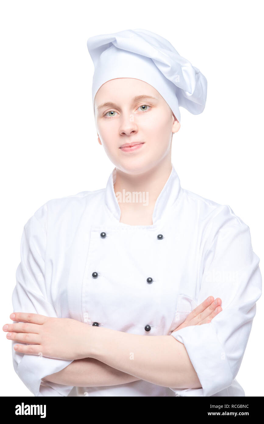 Fiducioso chef donna in uniforme ritratto isolato su sfondo bianco Foto Stock