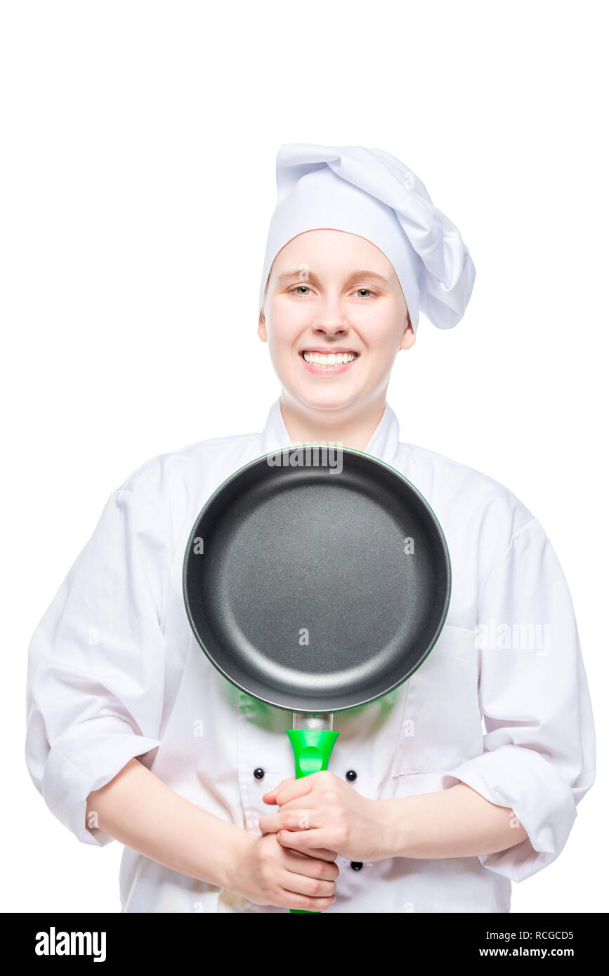 Ritratto di un isolato chef cucinare con una padella su sfondo bianco Foto Stock