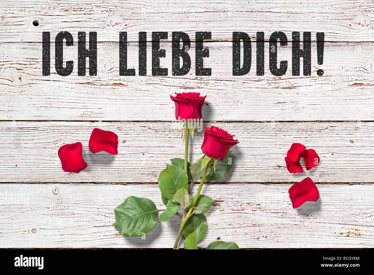 Messaggio "ti amo" in tedesco su sfondo di legno con due rose e petali di  rosa Foto stock - Alamy