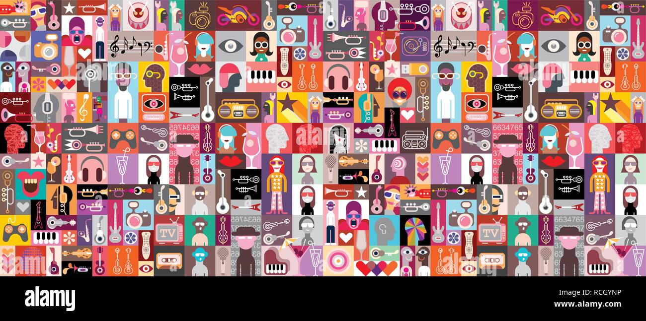 Grandi pop art design vettoriali con molte persone diverse ritratti, strumenti musicali, cocktail e oggetti random. Sfondo senza giunture. Illustrazione Vettoriale