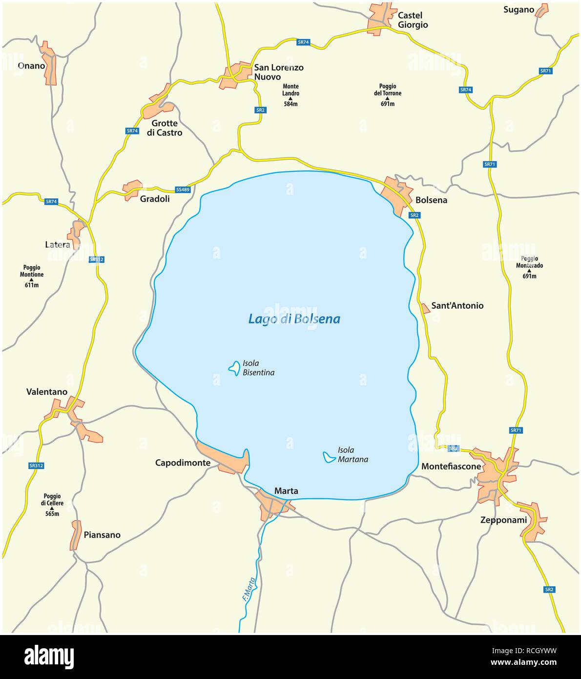 Mappa della centrale Italiano Lago di Bolsena, Lazio, Italia Illustrazione Vettoriale