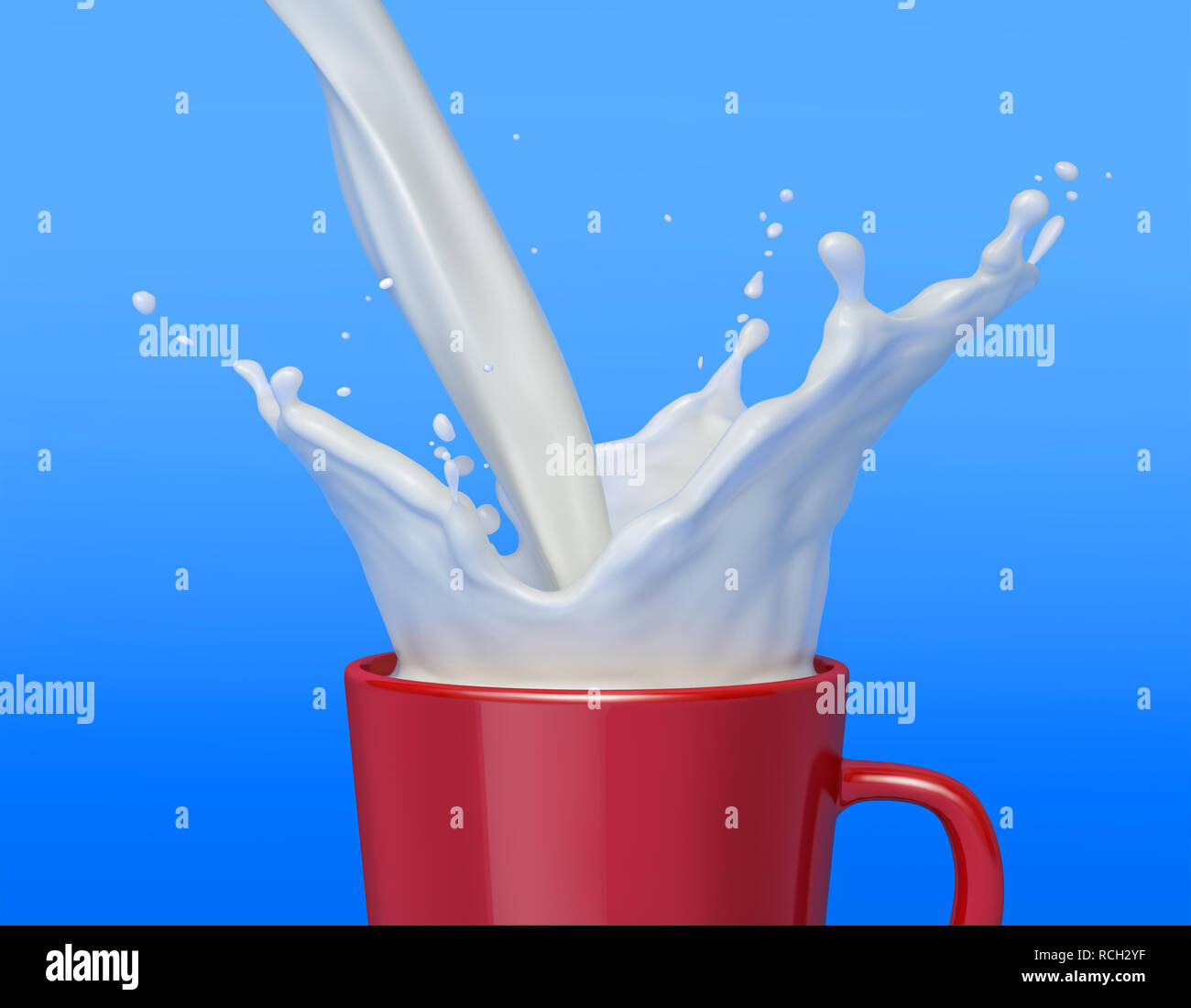 Red mug pieno di latte con splash. Isolato su sfondo blu. Percorso di clipping incluso. Foto Stock