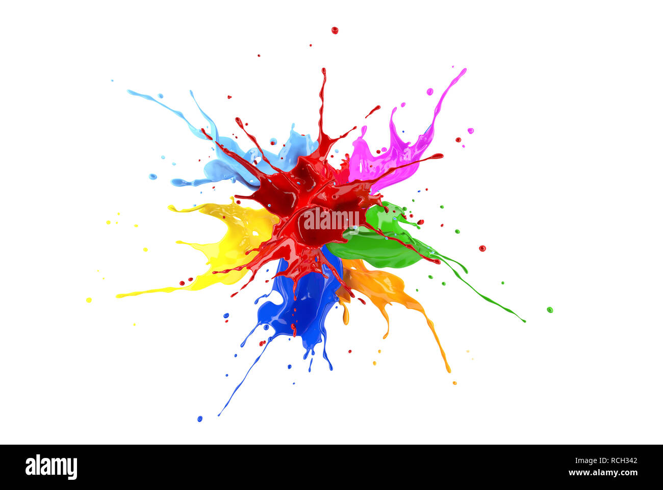 Rosso, blu, rosa, giallo, azzurro, arancione e verde spruzzi di vernice esplosione. Isolato su sfondo bianco. Foto Stock