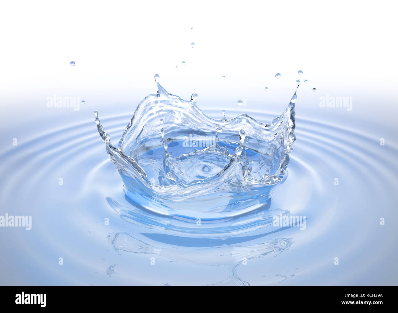 L'acqua chiara corona splash in piscina di acqua con increspature. Una prospettiva aerea. Su sfondo bianco. Foto Stock