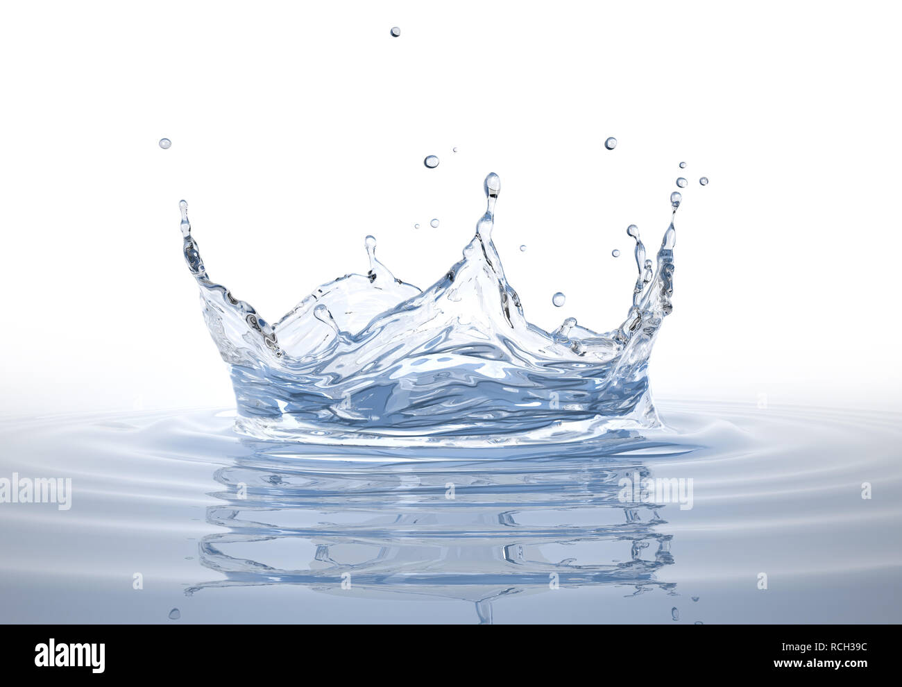 Acqua splash di corona in una piscina di acqua, con ondulazioni di circolare intorno a. Isolato su sfondo bianco. Foto Stock