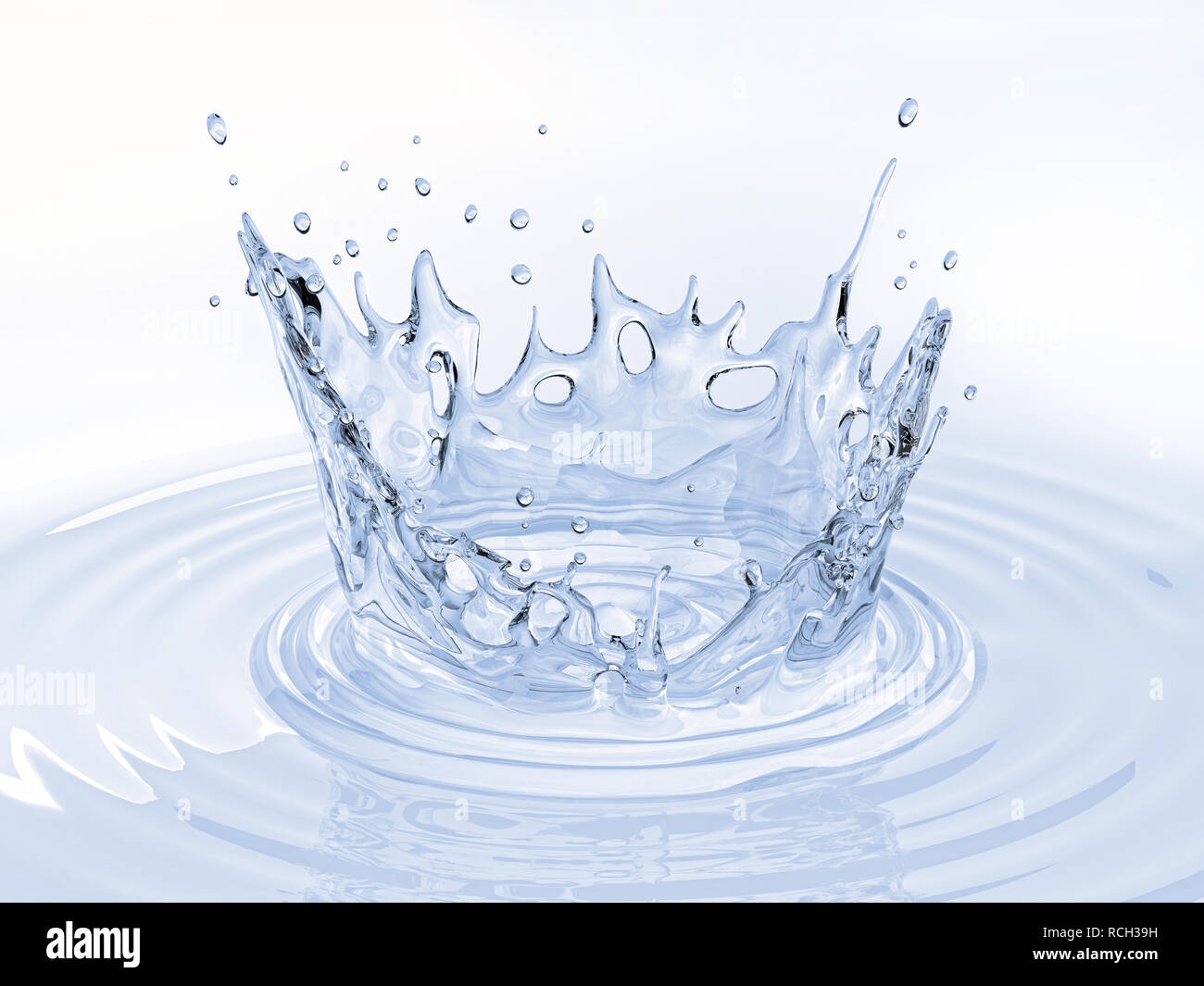 Acqua splash di corona in una piscina di acqua, con ondulazioni di circolare intorno a. Una prospettiva aerea isolato su sfondo bianco. Foto Stock