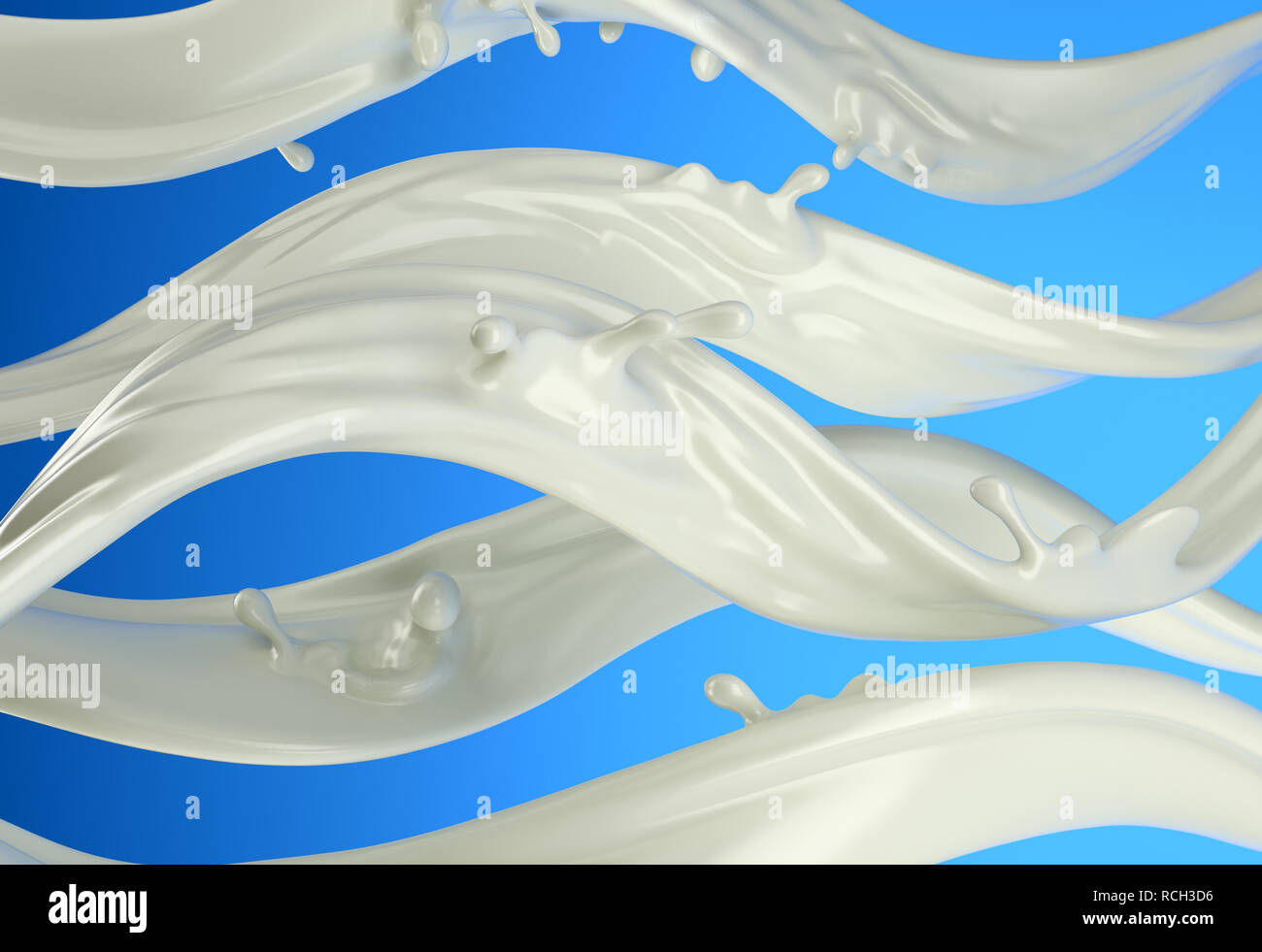 Latte o vernice bianca strisce onde con piccoli spruzzi. Su sfondo blu. Foto Stock