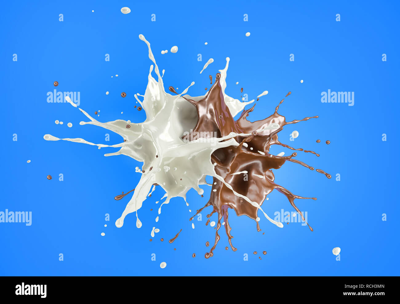Il latte e la cioccolata , o spruzzi di vernice contro ogni altra nell'aria. Su sfondo blu. Foto Stock