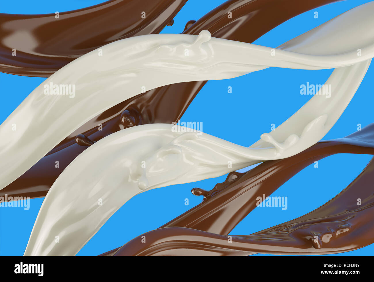 Il cioccolato liquido e latte strisce onde con piccoli spruzzi. Su sfondo blu. Percorso di clipping incluso. Foto Stock