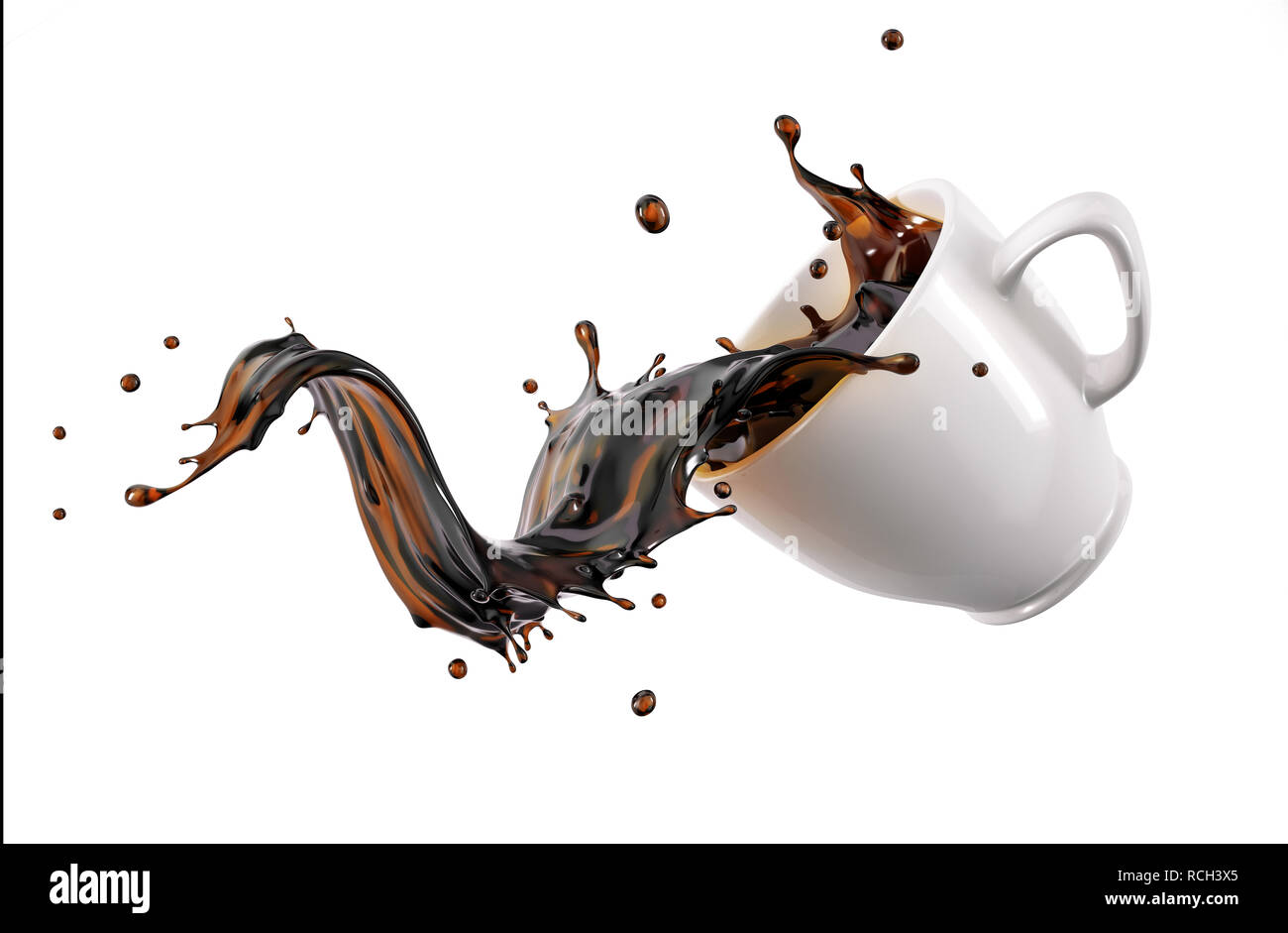 Caffè liquido schizzi d'onda fuori da una tazza bianca tazza, isolati su sfondo bianco. Percorso di clipping incluso. Foto Stock