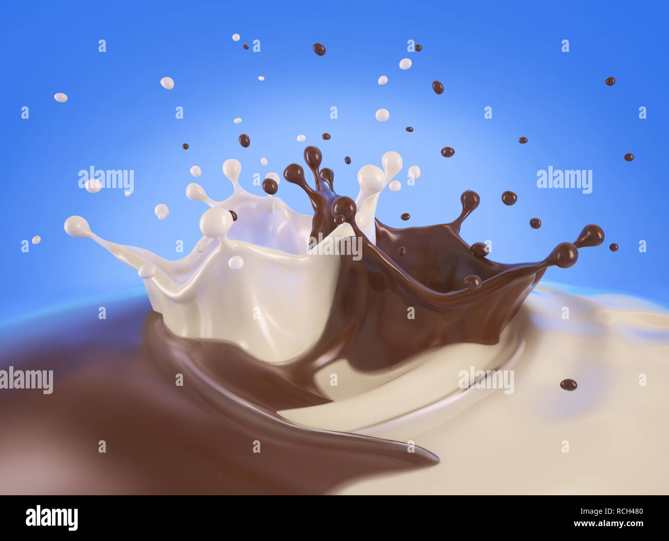 Doppia corona di splash il latte e la cioccolata Amalgamare insieme, su sfondo blu. Vista ravvicinata. Foto Stock