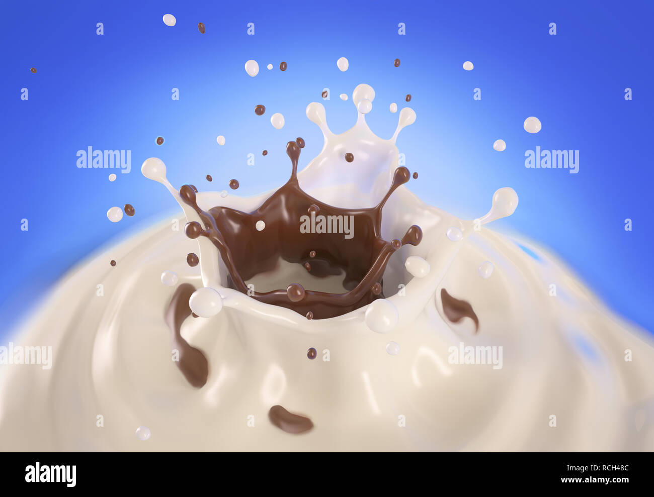 Doppia corona di splash il latte e la cioccolata Amalgamare insieme, su sfondo blu. Vista ravvicinata. Foto Stock