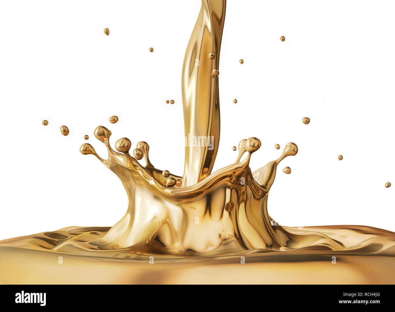 Oro liquido versando con corona splash e increspature. Vista laterale. Su sfondo bianco. Foto Stock